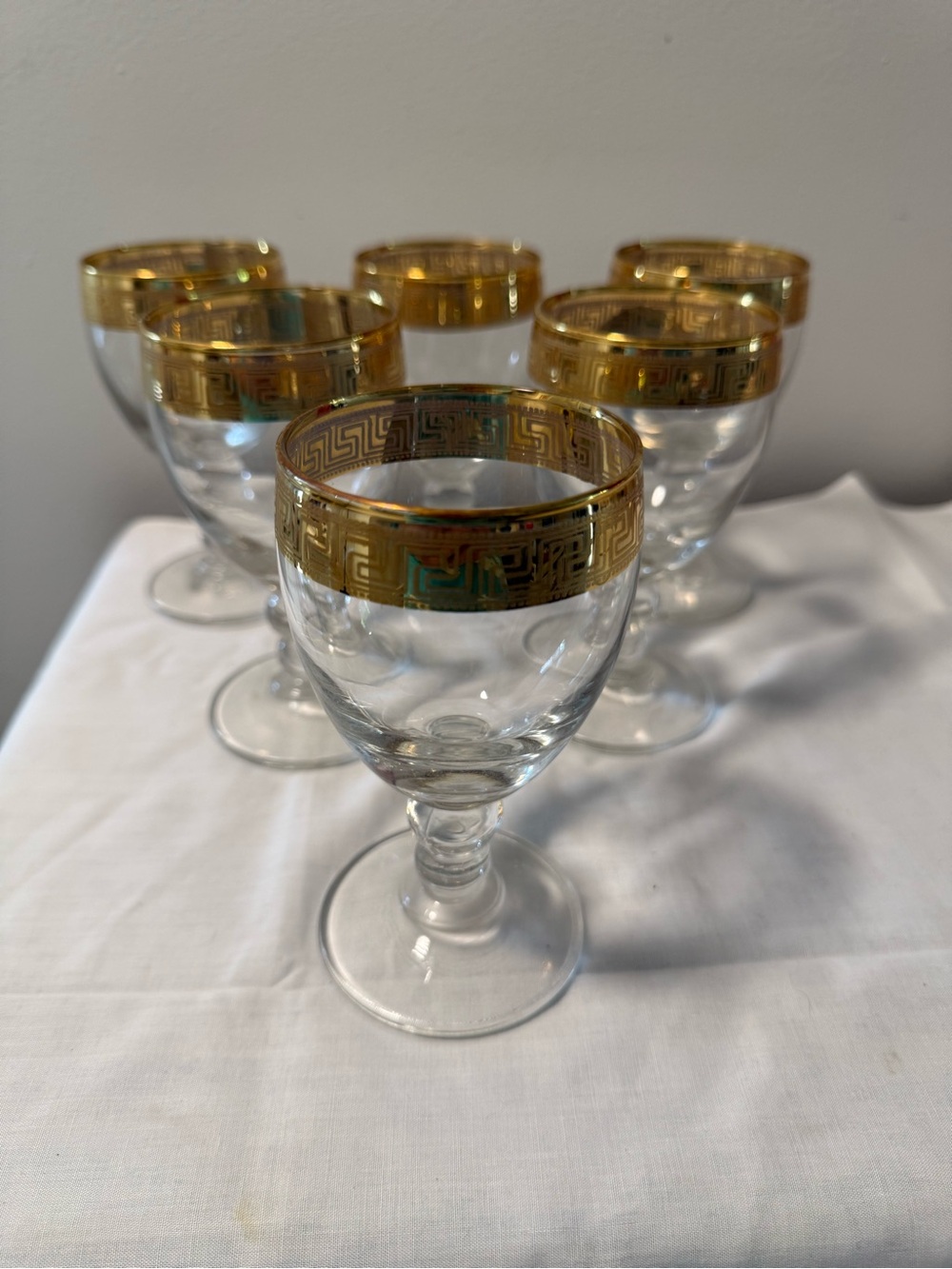 J Preziosi Lavorato A Mano Wine Glasses Gold Green Key Design 6pcs 5” six